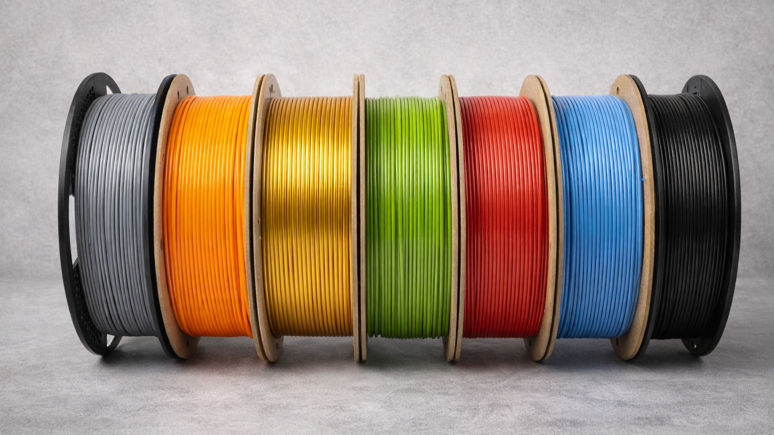 Bobines de filament pour impression 3D de différentes couleurs et matériaux alignées horizontalement.