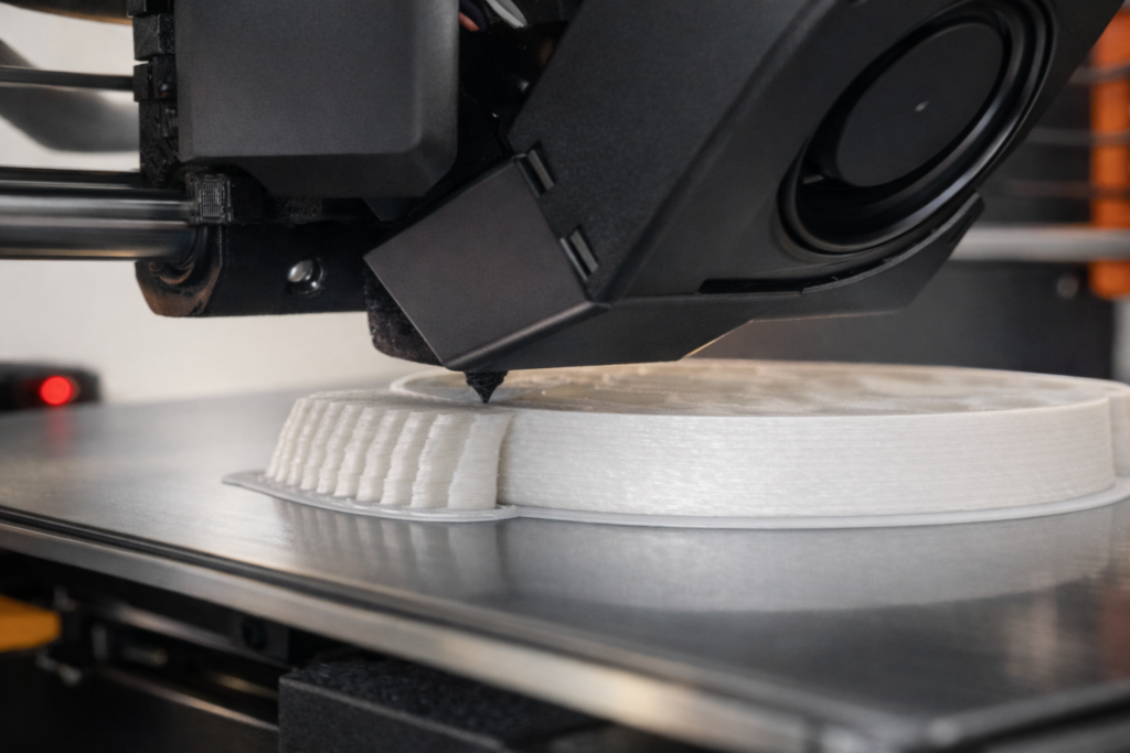 Tête d’impression d’une Prusa MK4S déposant du filament sur une pièce en cours d’impression 3D sur plateau lisse.
