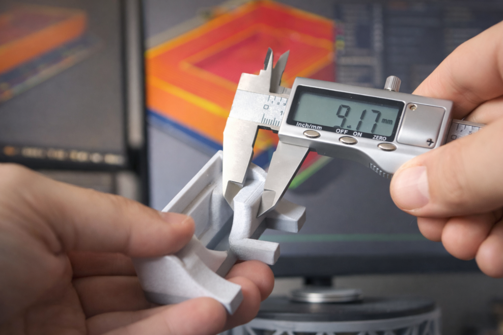 Mesure d’une pièce imprimée en 3D avec un pied à coulisse numérique pour vérifier la précision des dimensions.